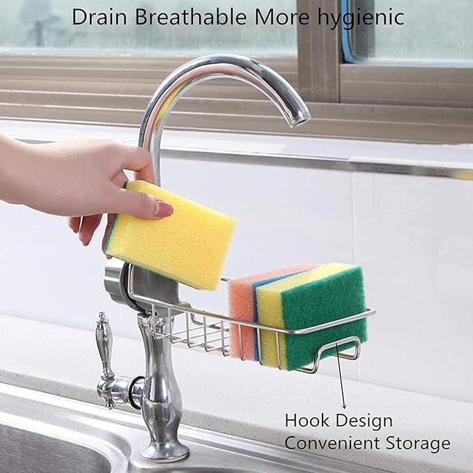 Adjustable Stainless Steel Faucet Sponge Holder | Kitchen Sink Storage Basket (1.8–3cm Tap Fit)